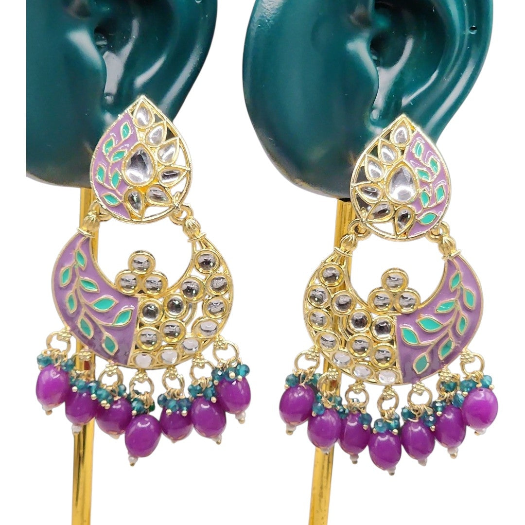 Lavender Purple Kundan Chandbali Earrings | Teal & Purple Bead Indian Statement Earrings