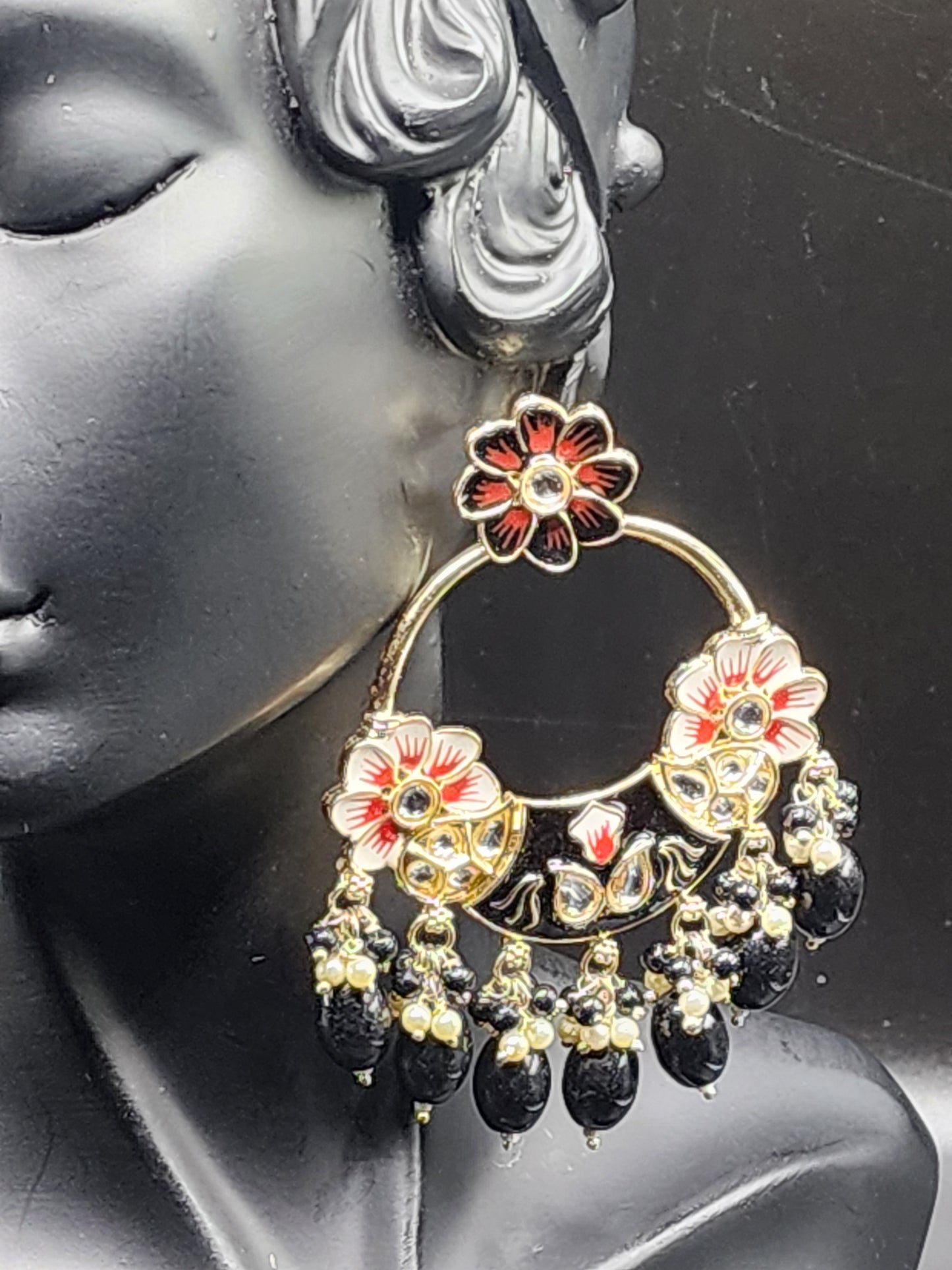 Black & Red Floral Chandbali Earrings with Pearl Drops