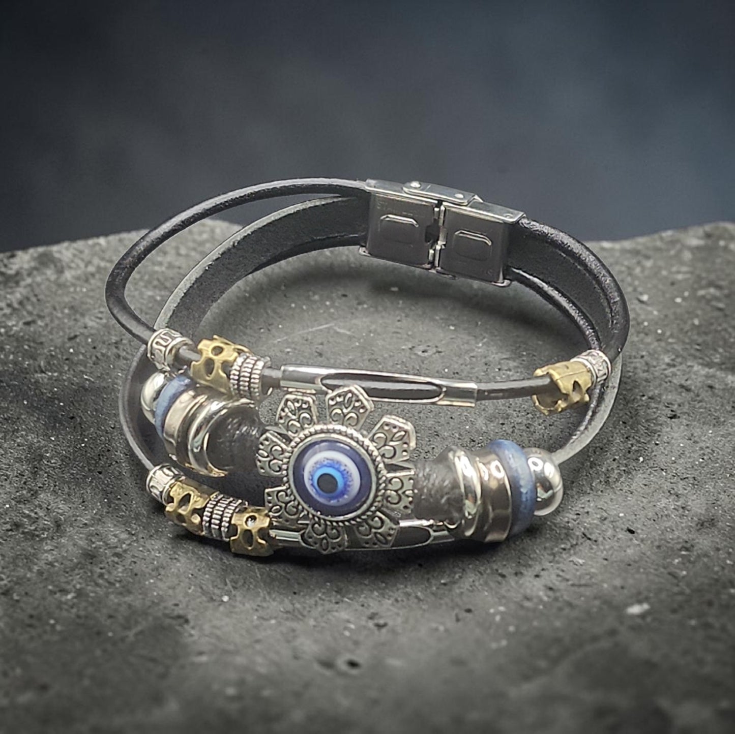 Evil Eye Leather Bracelet Set | Adjustable Stack Bracelets