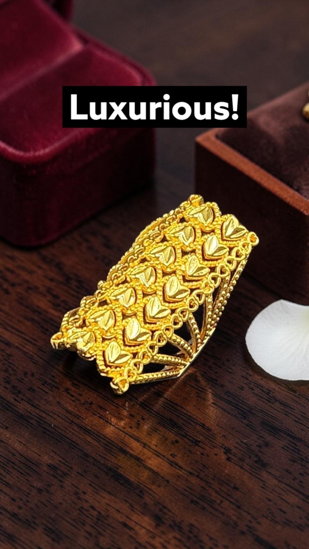 PSK ELEGANCE Gold Heart Filigree Statement Ring | Adjustable Indo-Western Cocktail Ring for Women