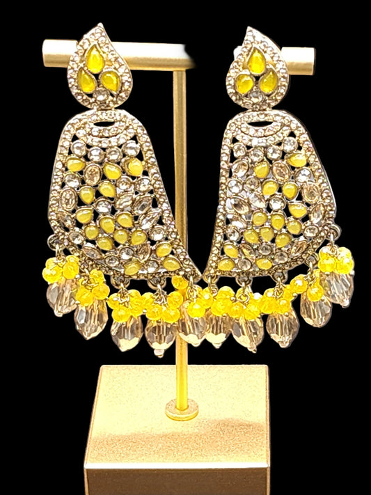 Yellow Kundan Statement Chandbali Earrings with Crystal Drops – Festive Luxe