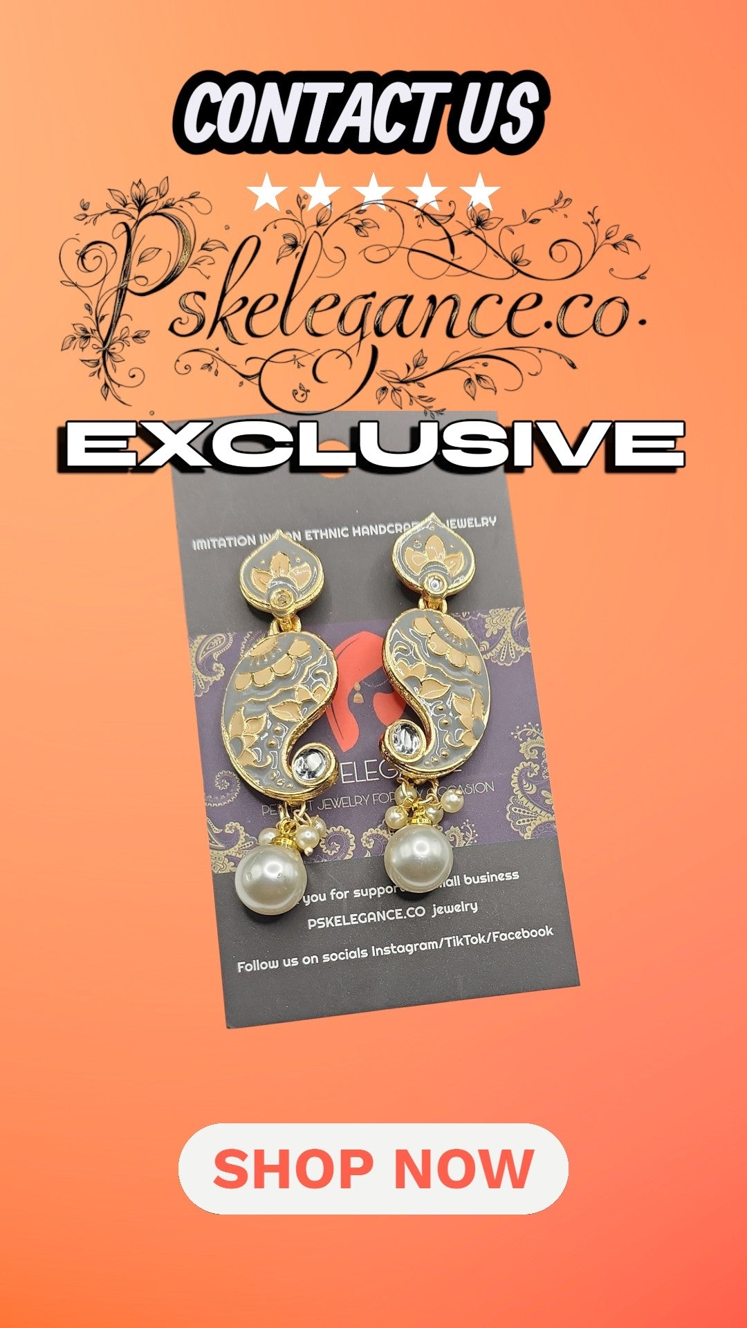 PSK ELEGANCE Grey & Gold Paisley Drop Earrings with Pearl Charm