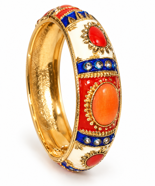 Multicolor Gold-Tone Enamel Statement Bangle – Red, Blue & White