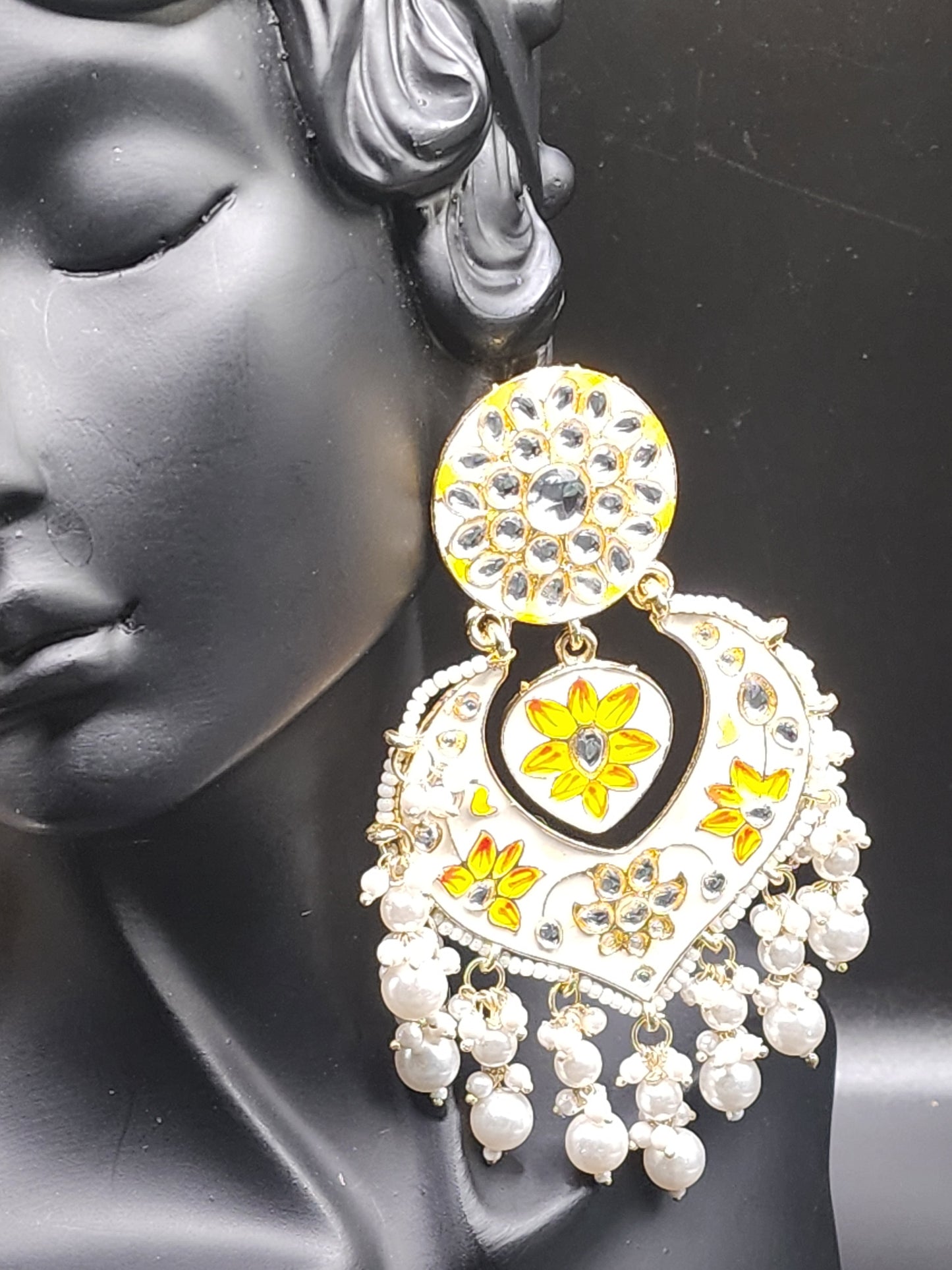 PSK ELEGANCE Ivory Meenakari Heart Chandbali Earrings | Floral Kundan Pearl Drop Statement Jewelry