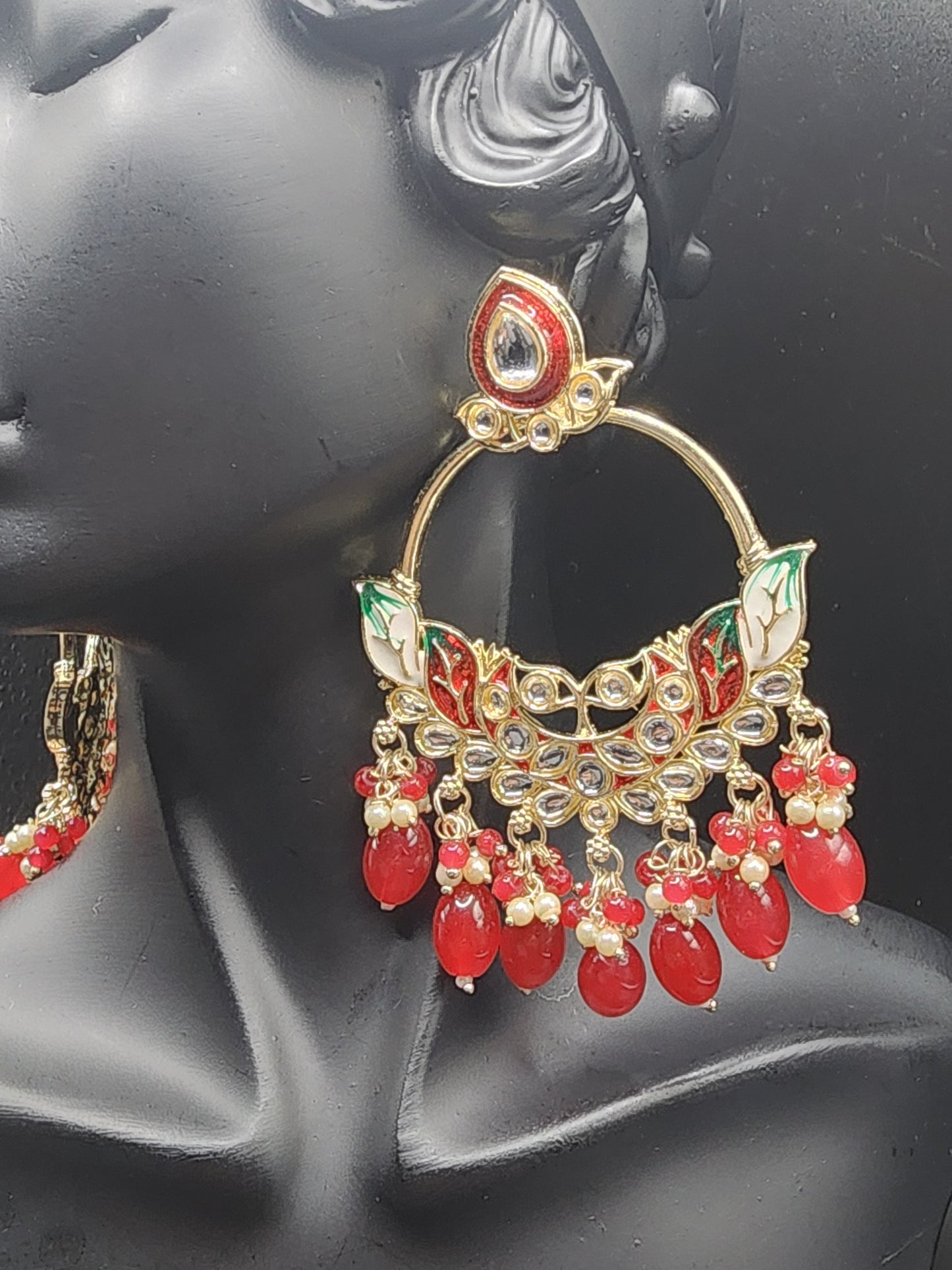 Royal Red Meenakari Statement Hoop Earrings with Beaded Drops – Festive Luxe