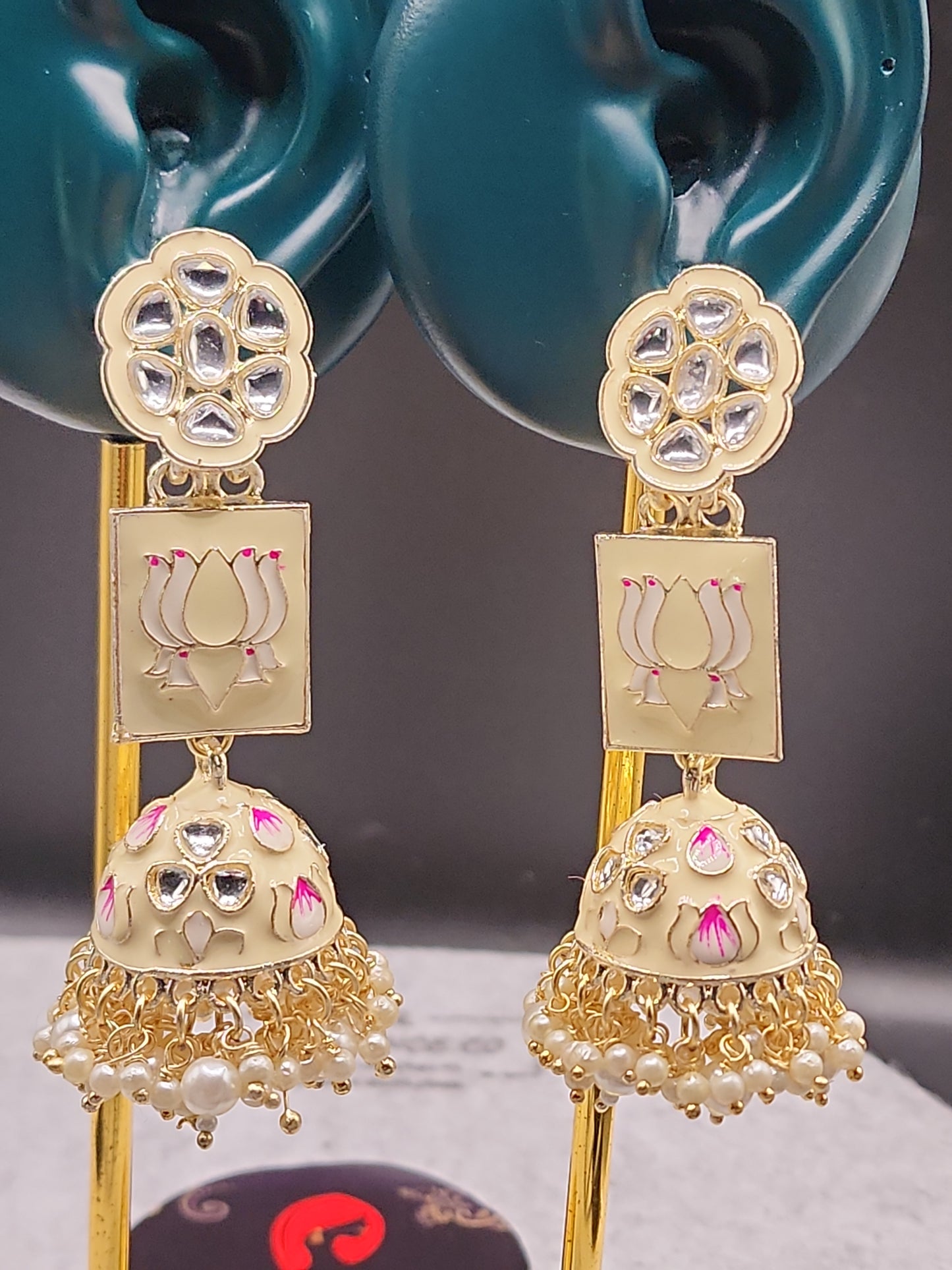 Cream Lotus Kundan Jhumka Earrings | Pearl Drop Indian Statement Earrings