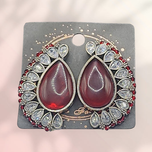 PSK ELEGANCE Deep Red Teardrop Statement Earrings | Crystal Halo Luxury Indo-Western Jewelry