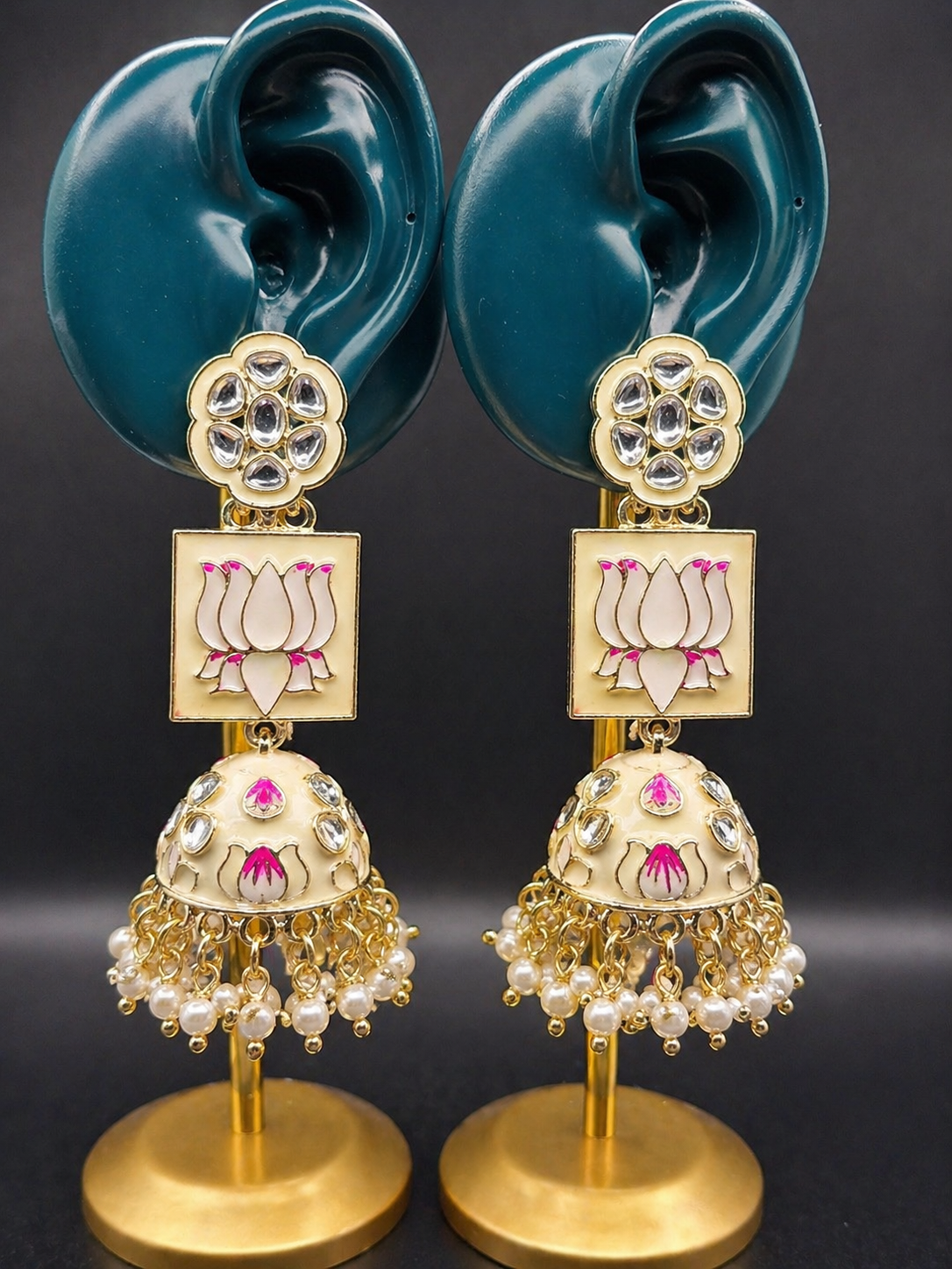 Cream Lotus Kundan Jhumka Earrings | Pearl Drop Indian Statement Earrings