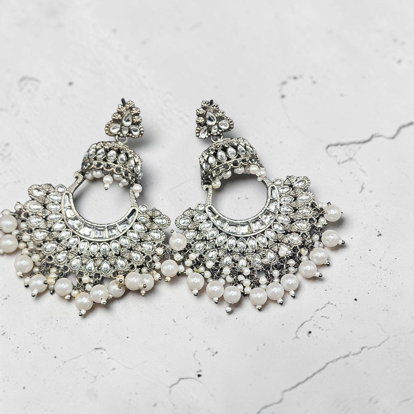PSK ELEGANCE Oxidized Silver Kundan Chandbali Earrings | Pearl Drop Statement Ethnic Jewelry