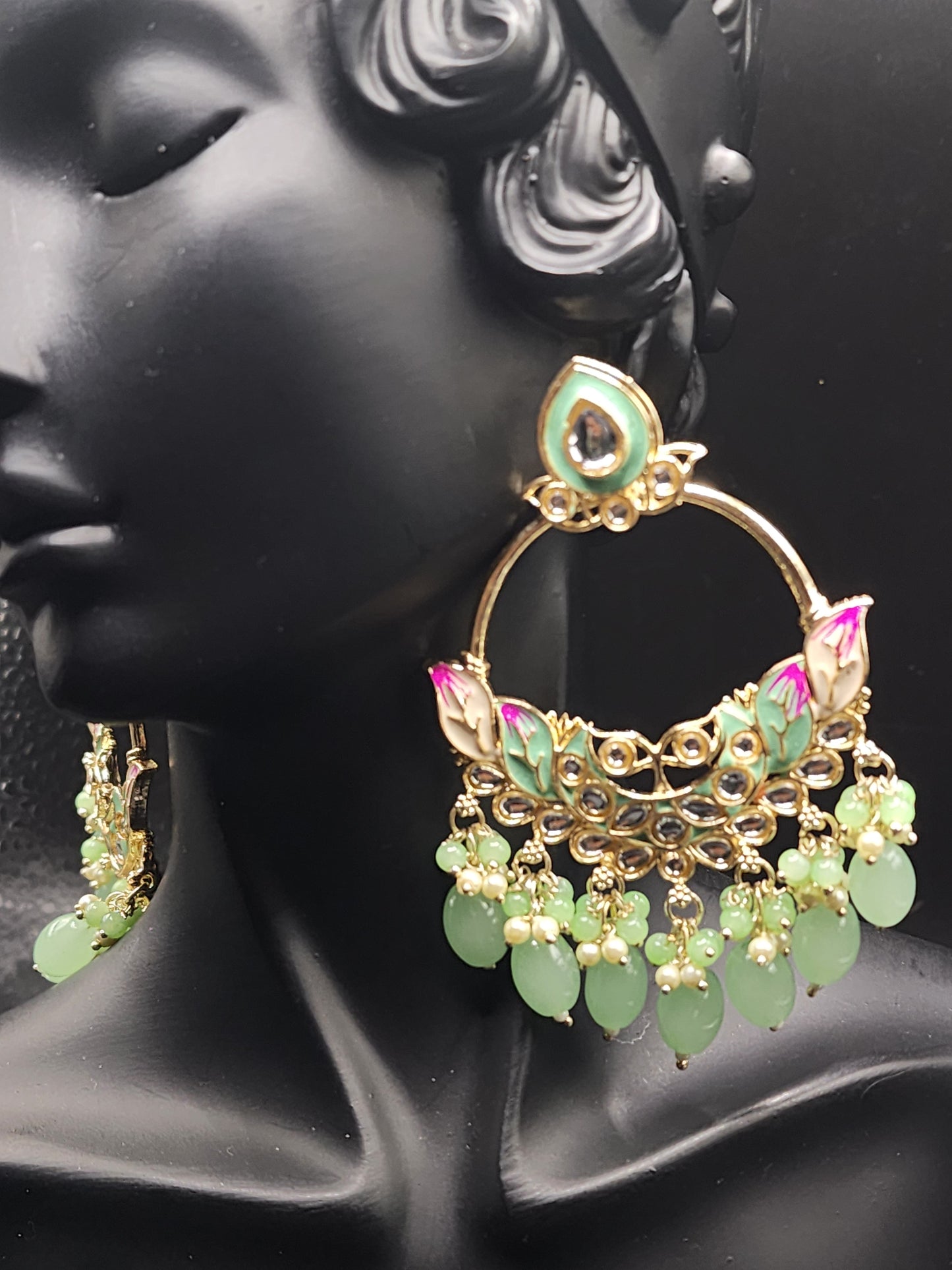 Mint Green Meenakari Statement Hoop Earrings with Beaded Drops – Fresh Luxe