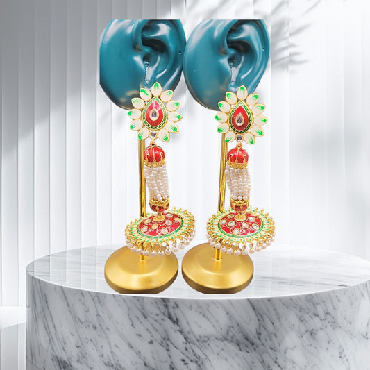 PSK ELEGANCE Red & Green Meenakari Jhumka Earrings | Floral Pearl Drop Traditional Statement Jewelry