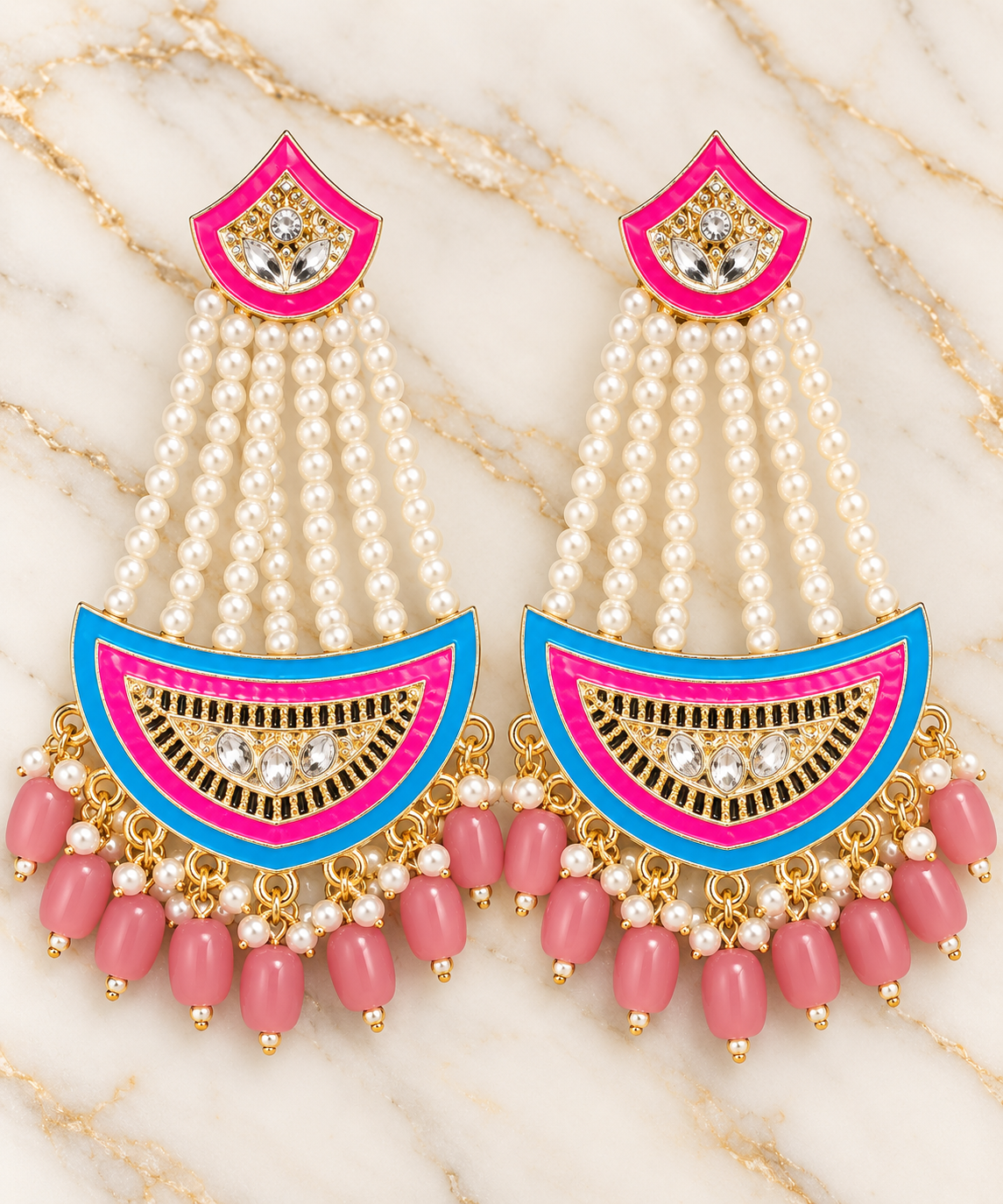 Hot Pink & Turquoise Blue Pearl Chandelier Earrings – Indian Statement Jhumkas