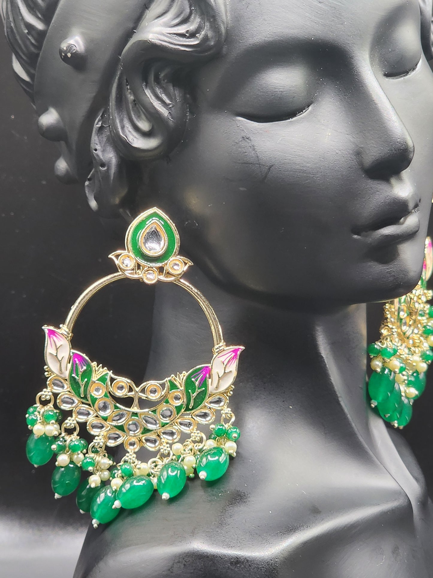 Green Meenakari Chandbali Earrings