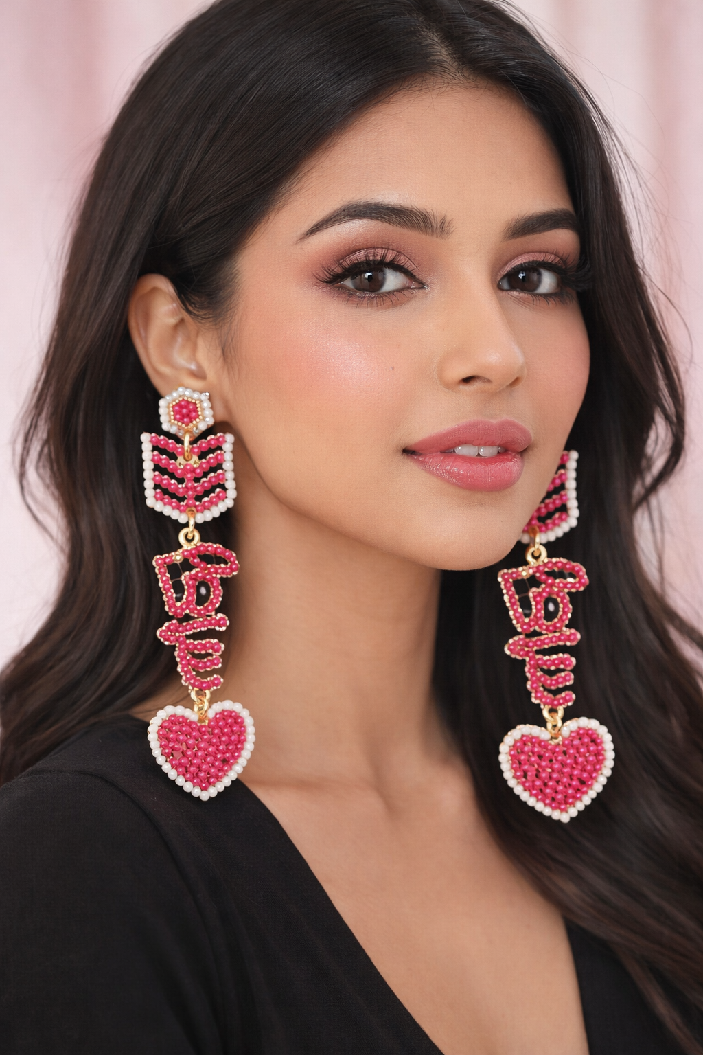 Handcrafted Beaded LOVE Heart Drop Earrings