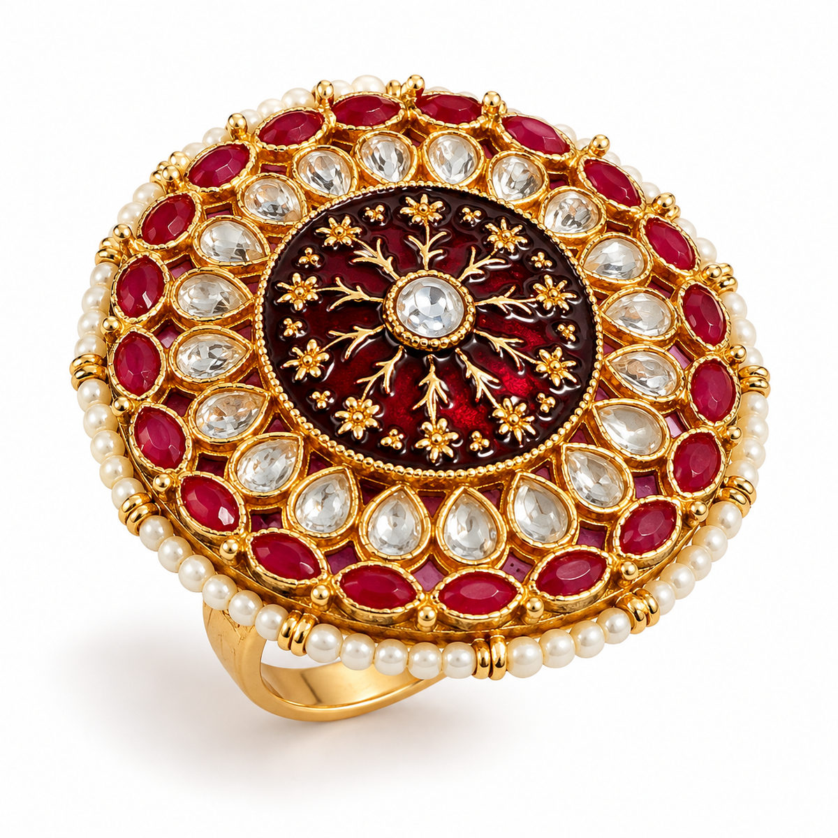 PSK ELEGANCE Red & Pearl Kundan Cocktail Ring