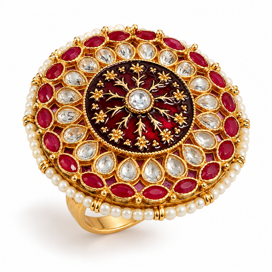 PSK ELEGANCE Red & Pearl Kundan Cocktail Ring