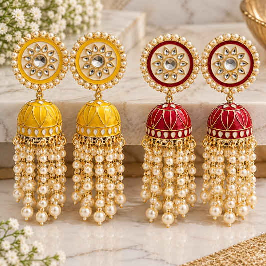 Long Pearl Jhumka Earrings – Red & Yellow