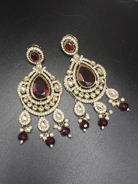 Ruby Red Kundan Chandbali Earrings with Pearl Drops – Bridal Luxe
