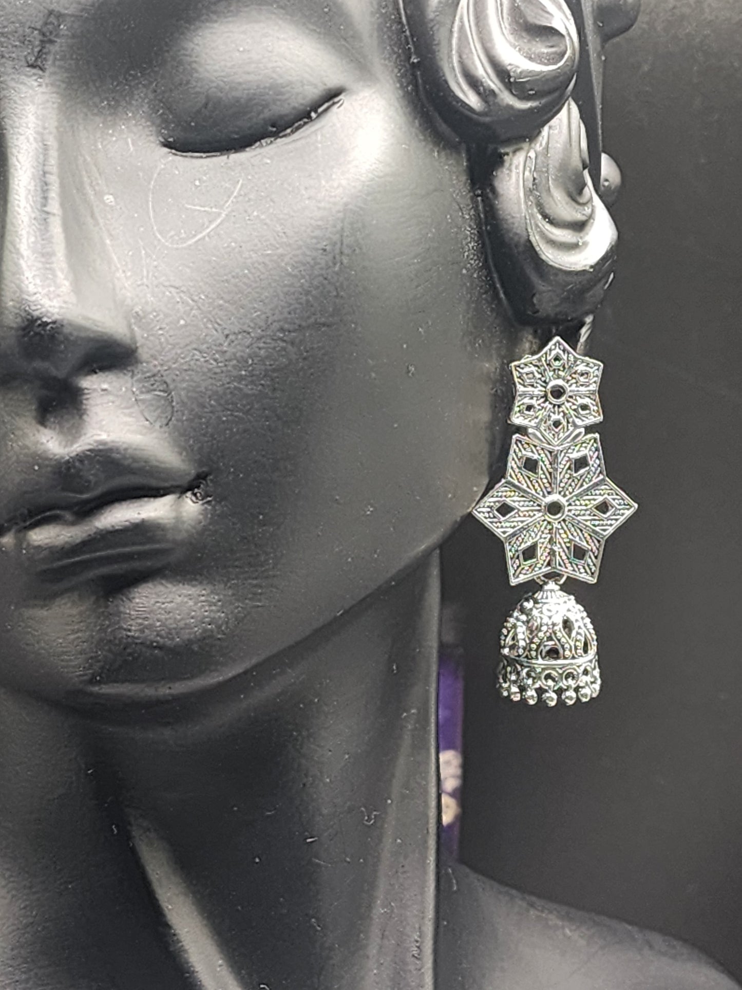Oxidized Silver Floral Jhumka Earrings
