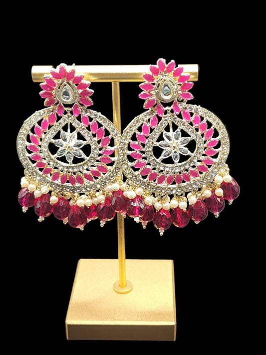 Hot Pink Floral Chandbali Earrings with Crystal Drops – Statement Luxe