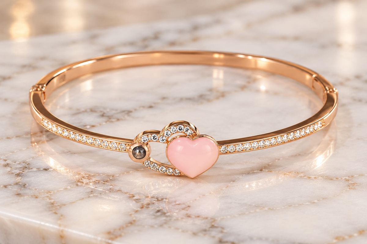 Rose-Gold Tone Blush Pink Enamel Heart Crystal Bangle