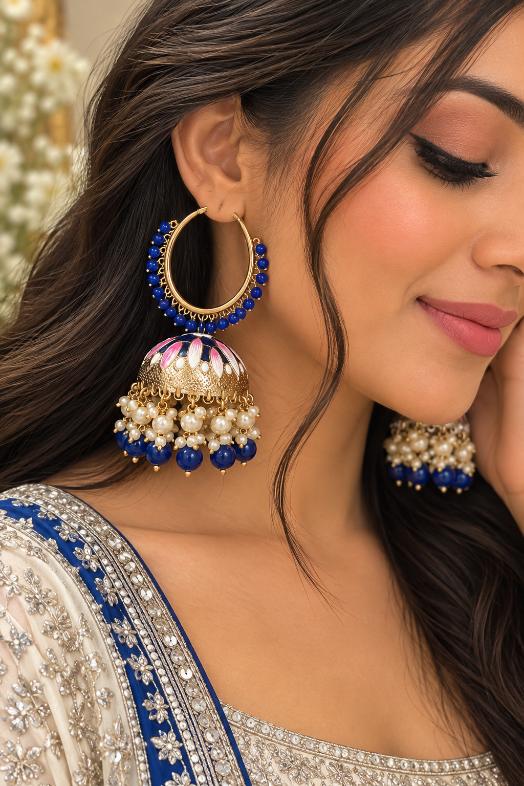 Blue Meenakari Hoop Jhumka Earrings | Pearl Statement Earrings