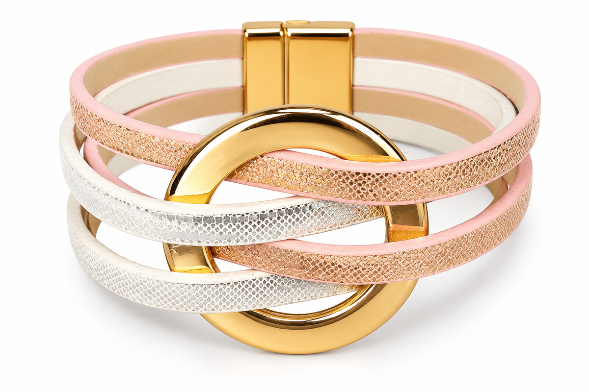 Women's Multilayer Pink & Ivory Textured Bracelet with Gold-Tone Accent