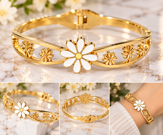 Gold-Tone White Daisy Floral Cuff Bracelet