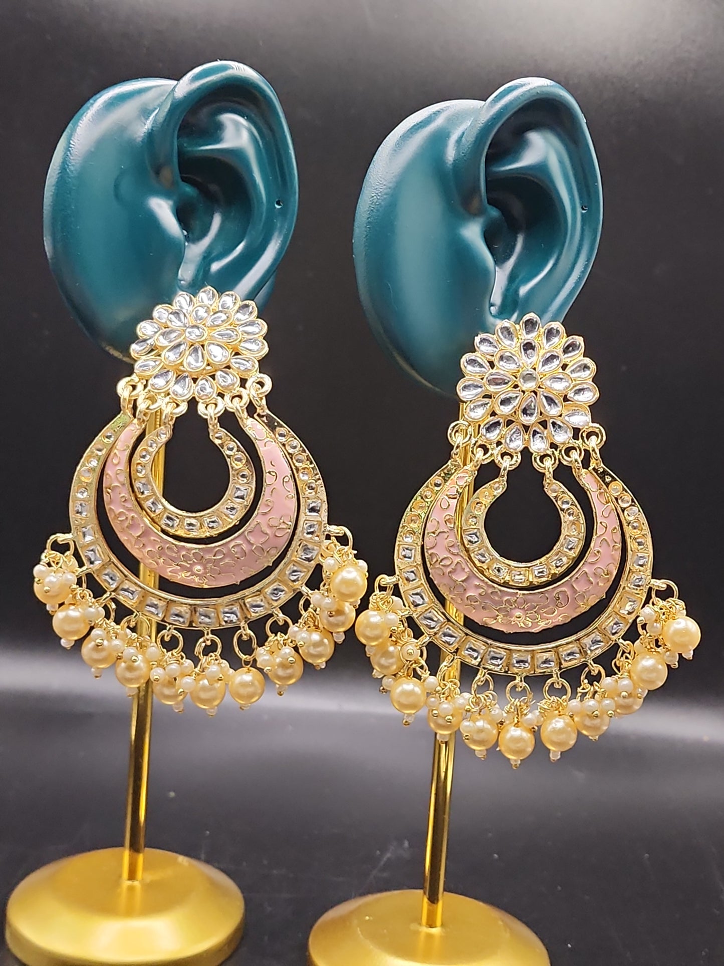 Blush Pink Kundan Chandbali Earrings | Pearl Drop Indian Statement Earrings