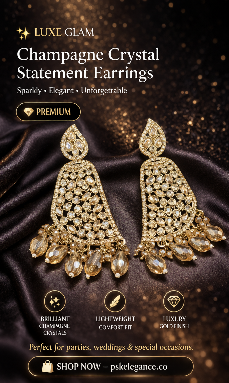 Champagne Crystal Statement Earrings with Gold Detailing – Luxe Glam Drop