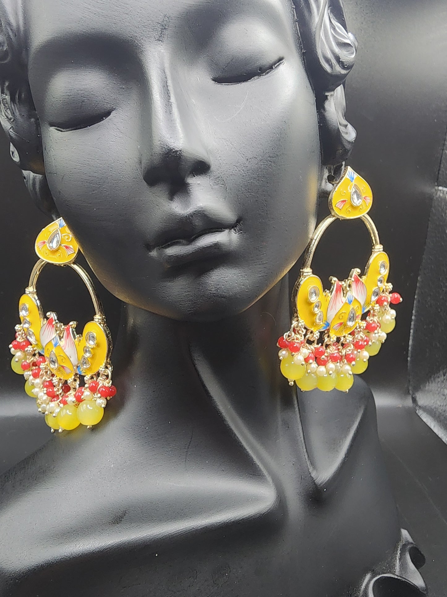 Sunshine Yellow Meenakari Statement Hoop Earrings with Beaded Drops – Festive Pop