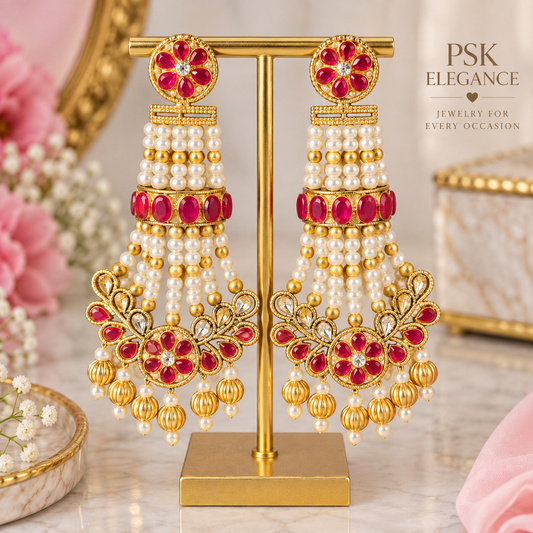 Ruby Red & Pearl Statement Jhumka Earrings