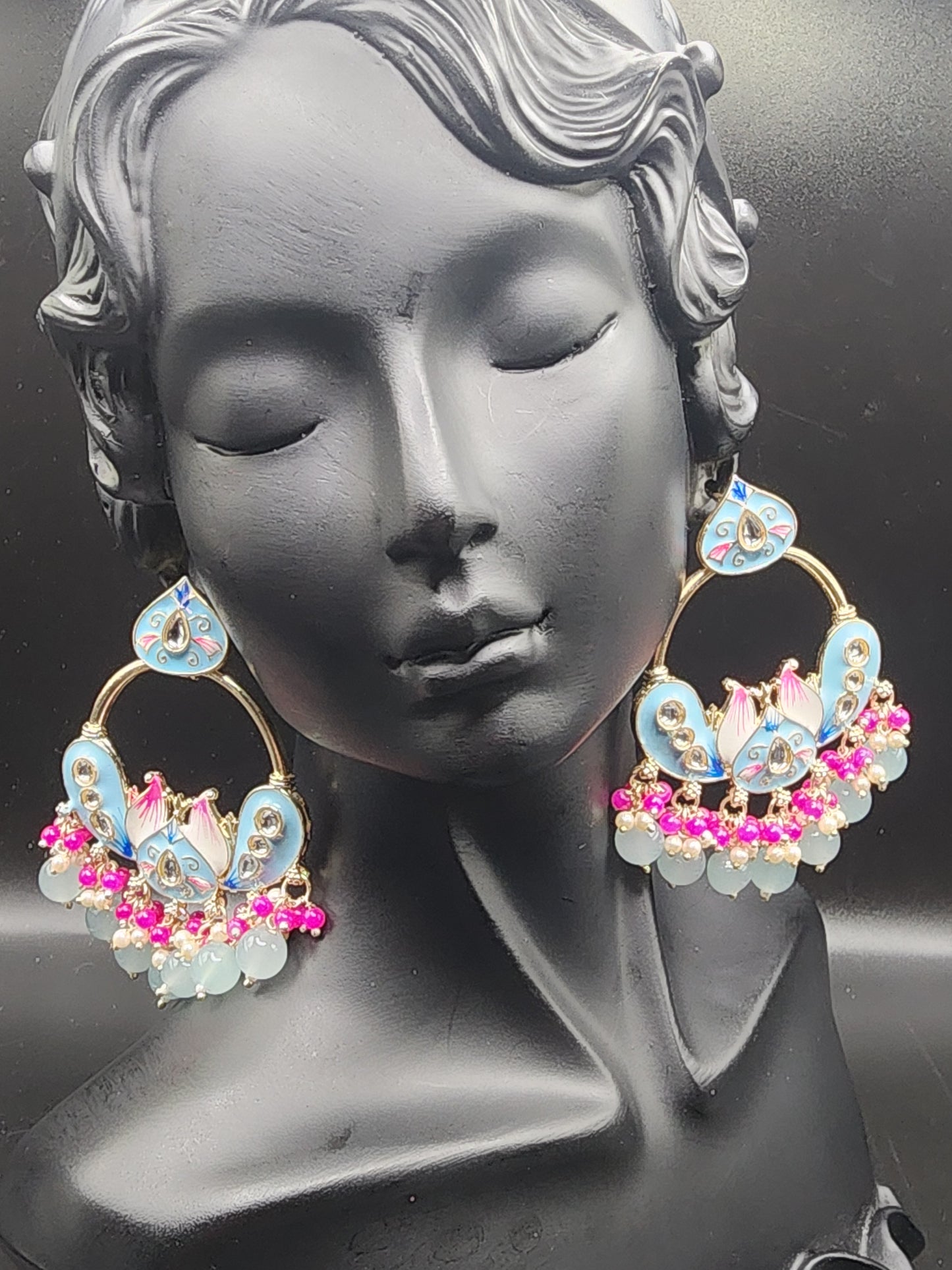 Pastel Sky Blue Meenakari Statement Hoop Earrings with Pink & Pearl Drops – Soft Luxe