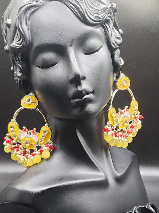 Sunshine Yellow Meenakari Statement Hoop Earrings with Beaded Drops – Festive Pop