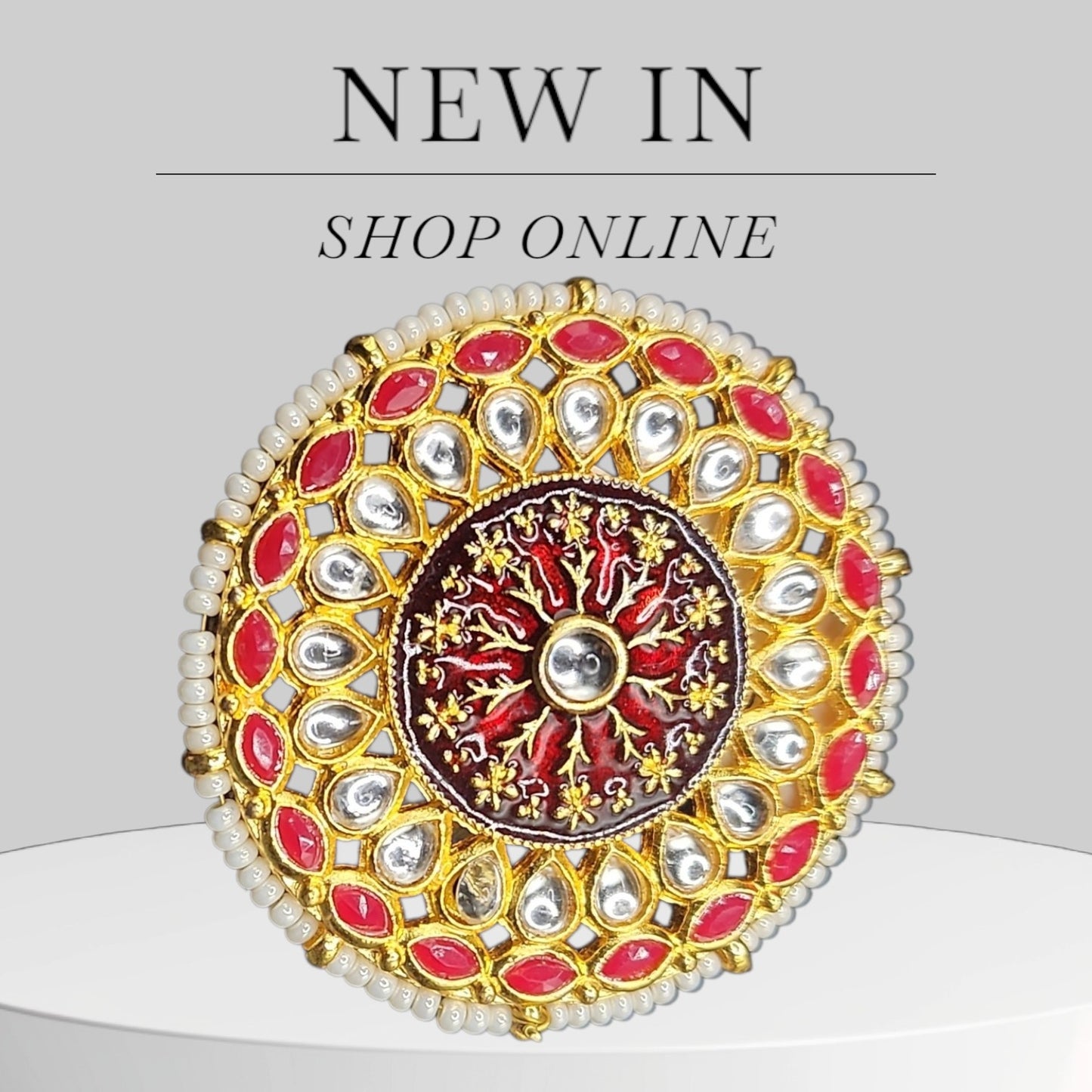 PSK ELEGANCE Red Kundan Statement Ring | Pearl Border Antique Gold Adjustable Bridal Cocktail Ring for Women