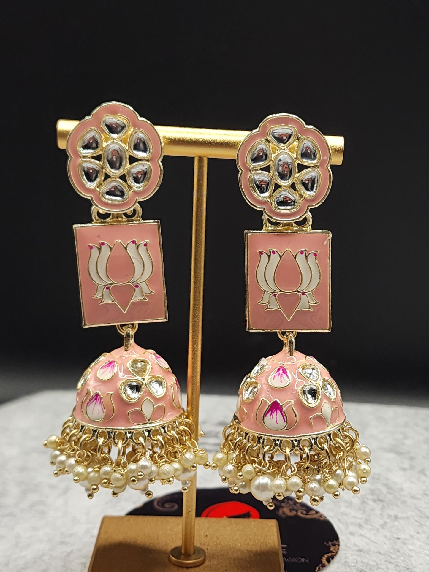 Peach Pink Meenakari Lotus Kundan Jhumka Earrings | Pearl Drop Indian Statement Earrings