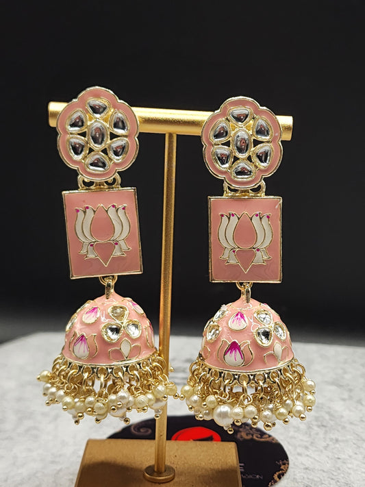 Peach Pink Meenakari Lotus Kundan Jhumka Earrings | Pearl Drop Indian Statement Earrings