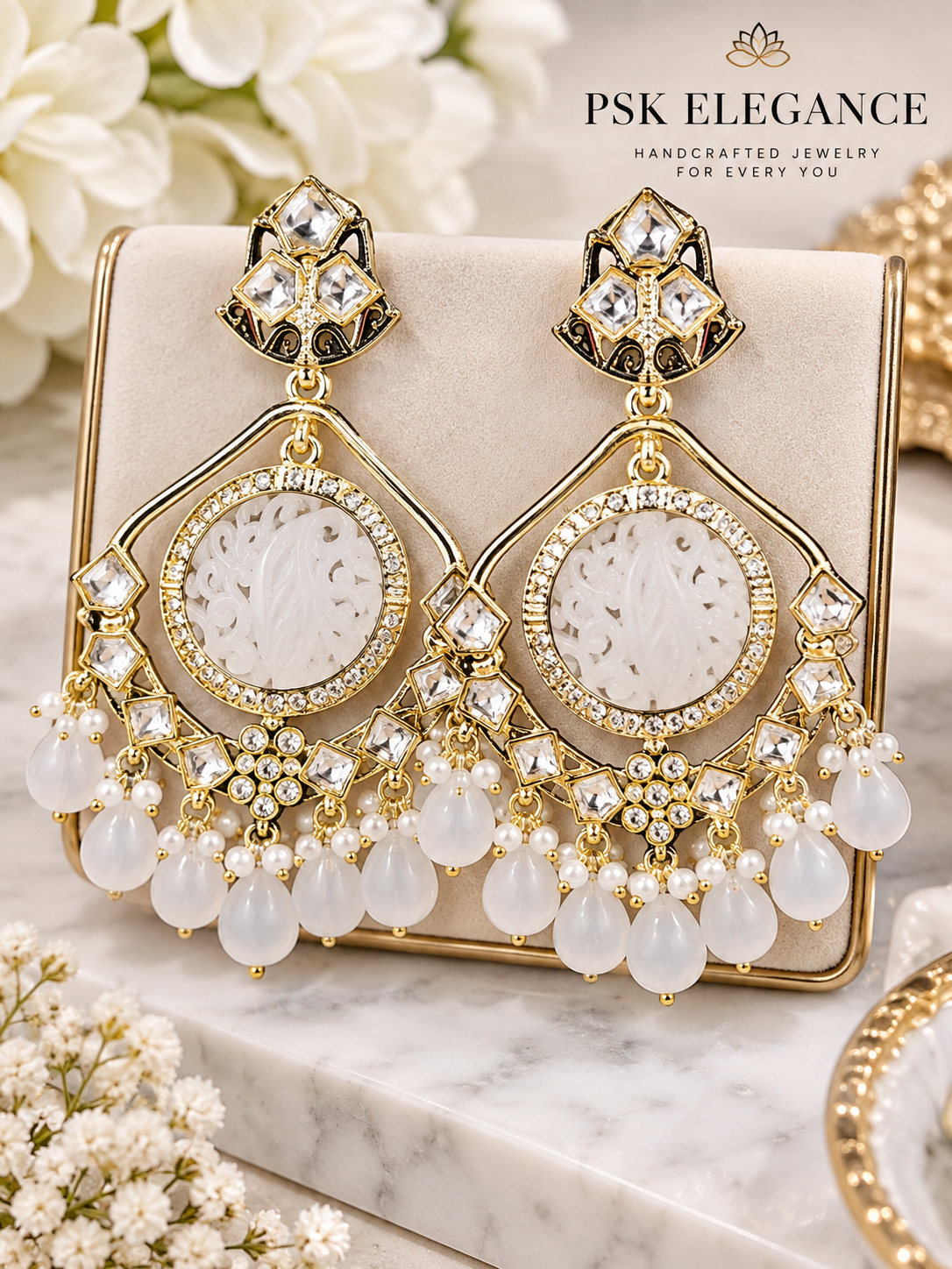 Gold-Tone White Stone Chandbali Statement Earrings with Pearl & Teardrop Dangles