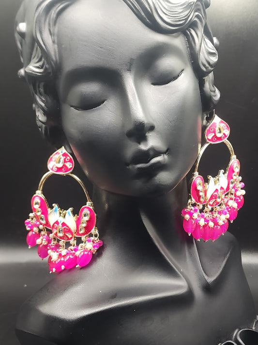 Pink Kundan Chandbali Earrings with Pearl Drops – Statement Indo-Western Jewelry