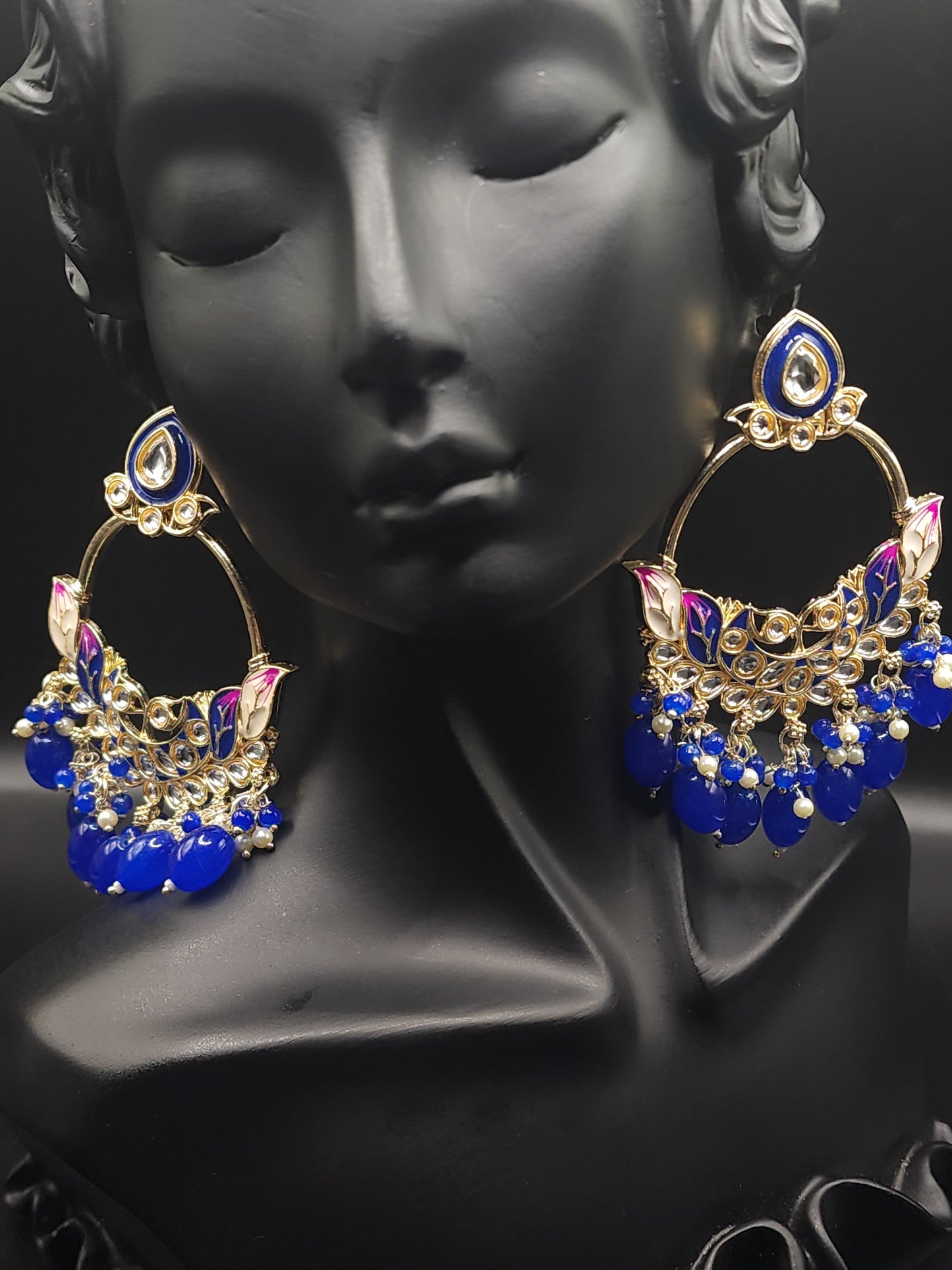 Royal Blue Meenakari Statement Hoop Earrings with Beaded Drops – Luxe Festive