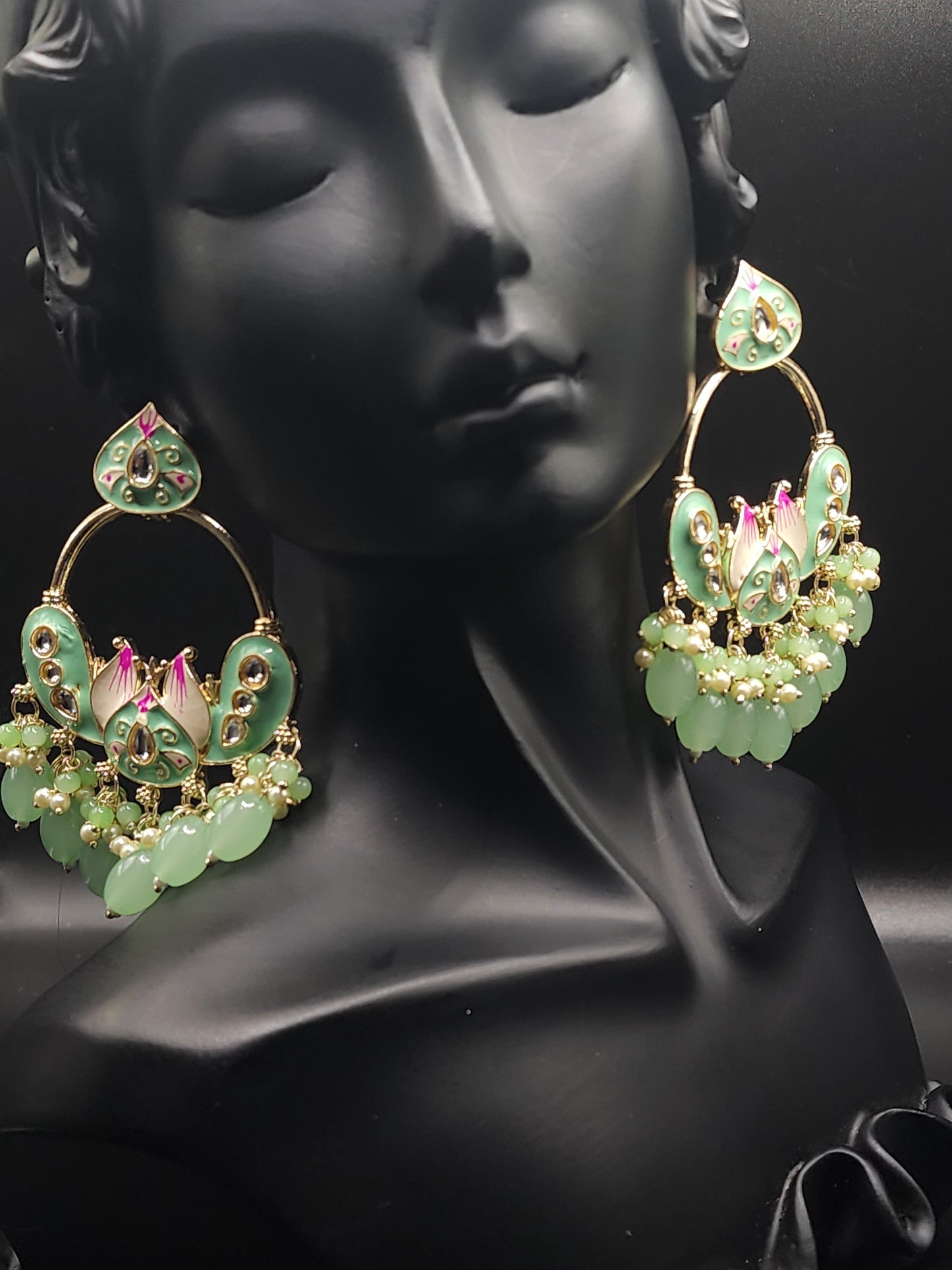 Mint Green Meenakari Statement Hoop Earrings with Pearl Drops – Soft Luxe