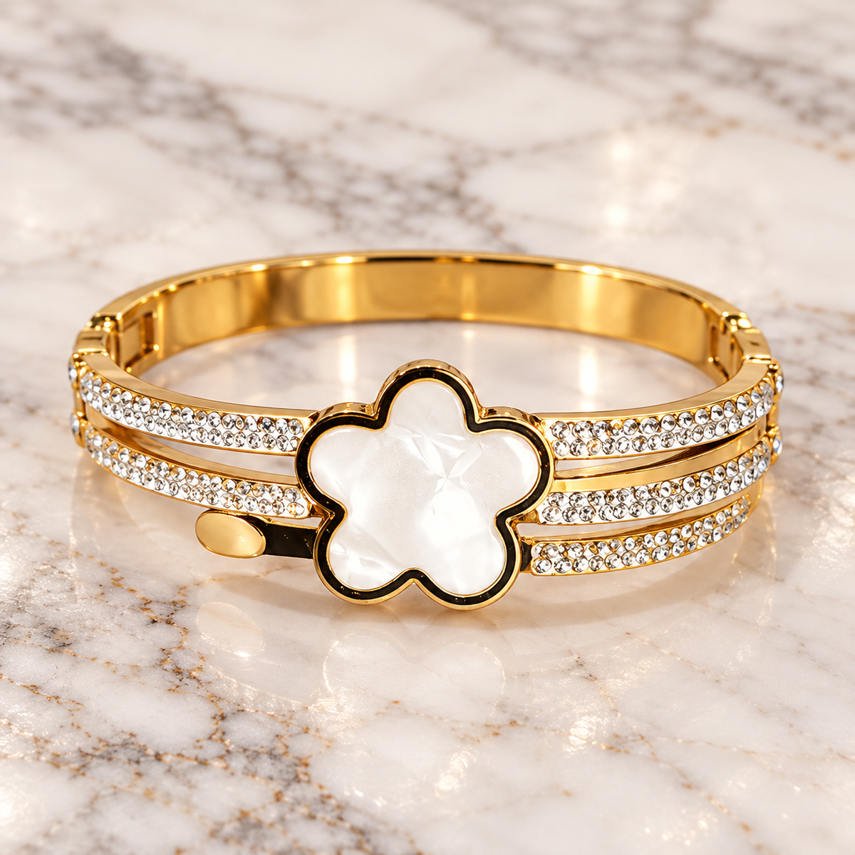 Gold-Tone White Clover Crystal Bangle Bracelet