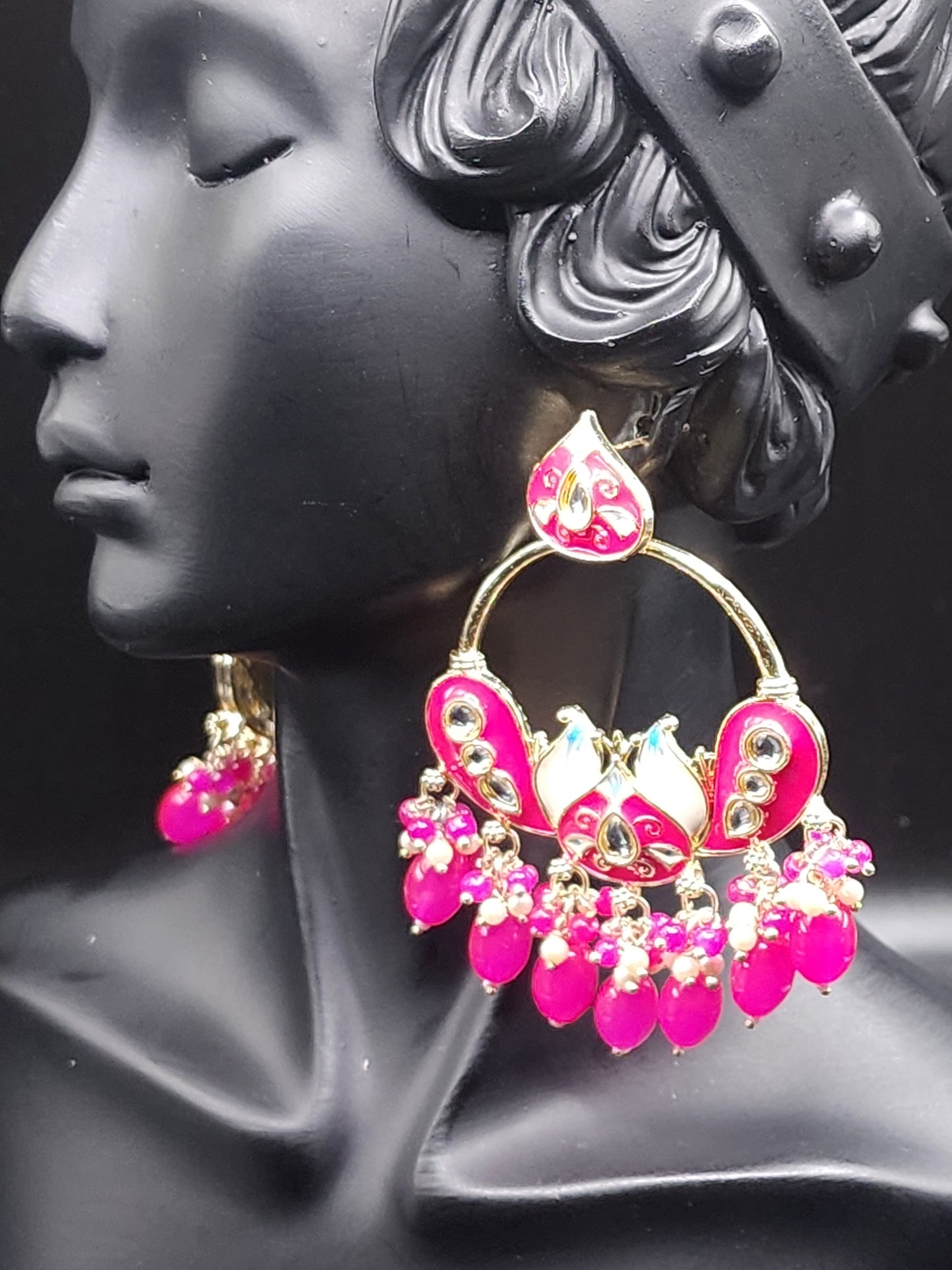 Pink Kundan Chandbali Earrings with Pearl Drops – Statement Indo-Western Jewelry