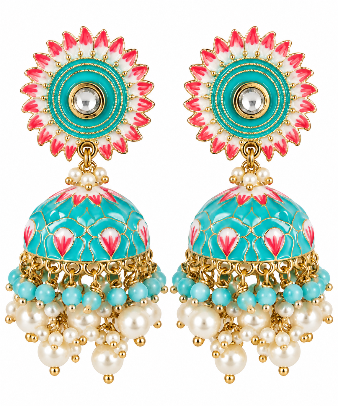 Turquoise & Pink Meenakari Jhumka Earrings