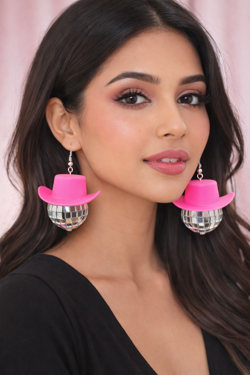 Pink Disco Cowboy Hat Statement Earrings