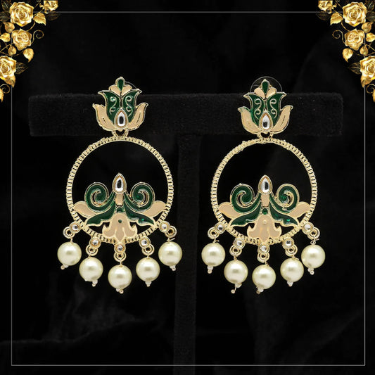 PSK ELEGANCE Green Enamel Pearl Chandbali Earrings ✨