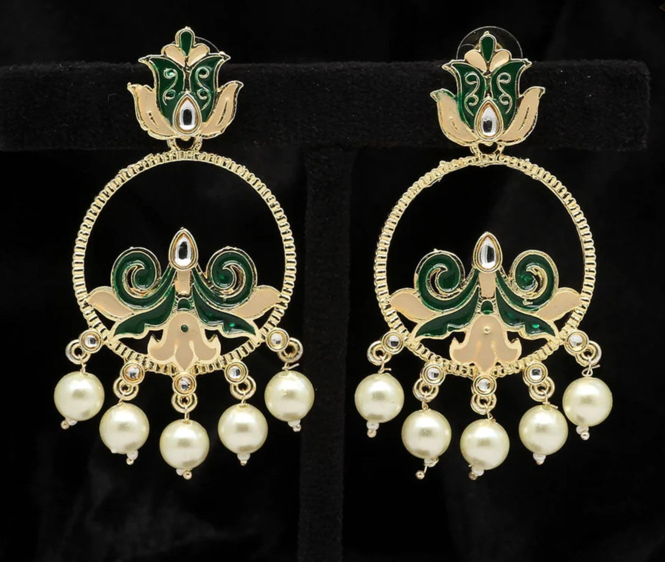 PSK ELEGANCE Green Enamel Pearl Chandbali Earrings ✨
