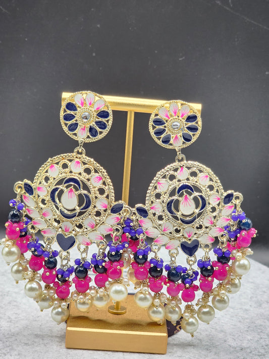 Navy Blue & Pink Floral Chandbali Earrings with Pearl Drops
