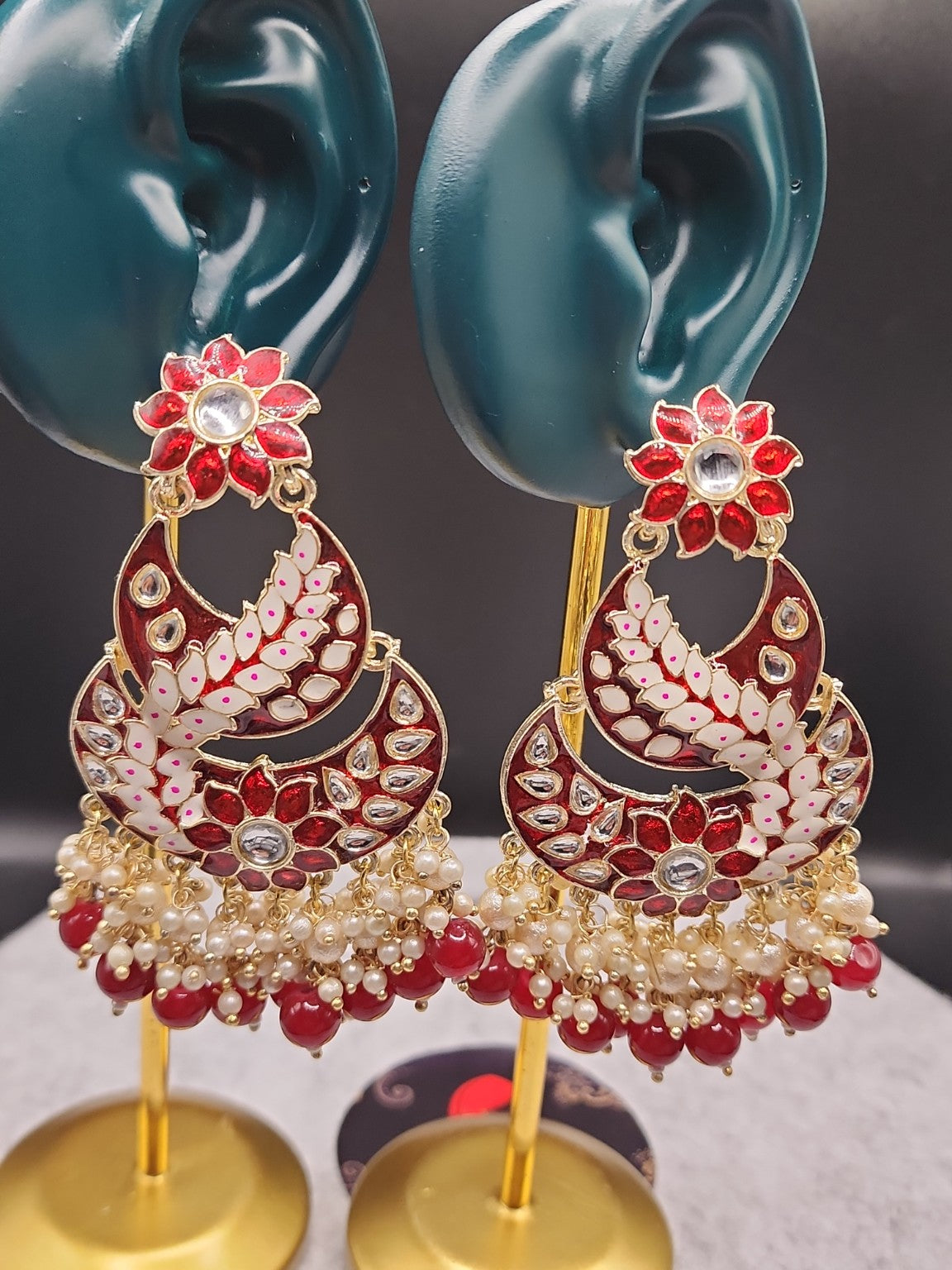 Red Floral Kundan Chandbali Earrings with Pearl & Bead Drops
