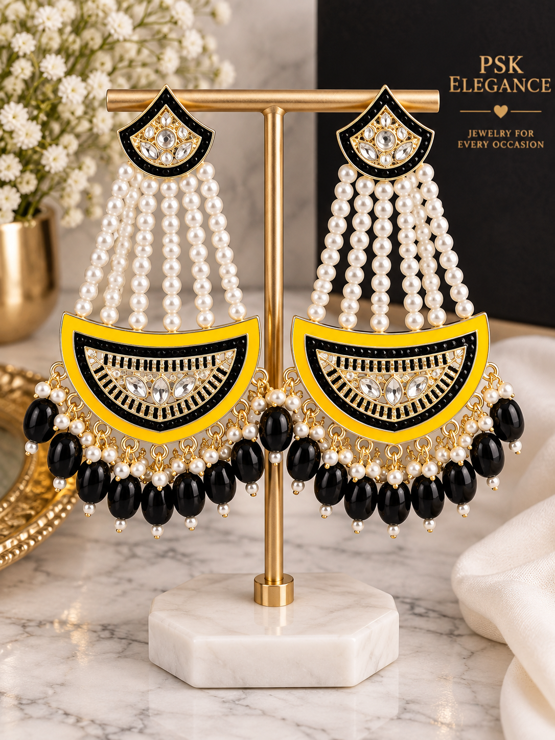 Black & Yellow Pearl Chandelier Earrings with Gold-Tone Kundan Detailing | PSK ELEGANCE